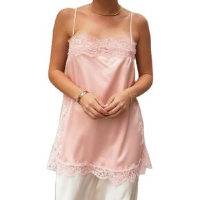 Women Y2k Satin Lace Trim Cami Tops Spaghetti Strap Square Neck Lace Patchwork Silk Camisole Tank Tops in Kuwait