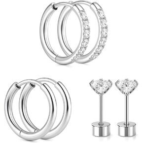 أقراط حلقية فضية/ذهبية: أقراط دائرية من الفولاذ المقاوم للصدأ الجراحية لا تسبب الحساسية، أقراط صغيرة على شكل غضروف صغير، أقراط على شكل حلقة مسطحة من الخلف، أقراط مسمارية من الخلف وأقراط مسطحة الظهر للنساء، آذان متعددة للثقب الحساسة in Kuwait