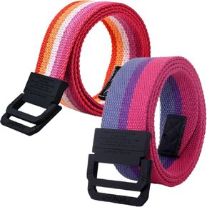 Men Women Rainbow Canvas Belt Plus Size Up to 69" with Double D Ring Buckle, 2 Pack in Saudi Arabia