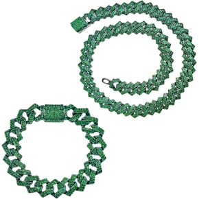 2 PCS Iced Out Chain Green Cuban Link Chain Cuban Necklace Bracelet Bling Diamond Hip Hop Jewelry for Men Women Green 8 20inch in Kuwait