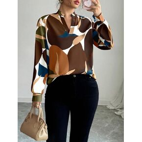 Women Abstract Print Satin Blouse V-Neck Long-Sleeve Shirt Geometric Pattern Silky Fabric for Office Casual Outfits in Kuwait