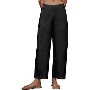 Allimy Womens Fashion Summer High Waist Elastic Wide Leg Straight Leg Casual Cropped Pants Casual Capris with Pockets in Kuwait