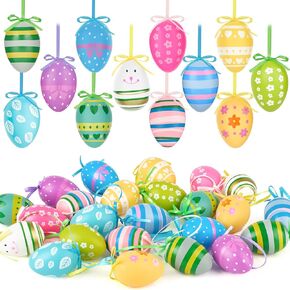 JOERSH 24Pcs Easter Eggs Hanging Ornaments, Colorful Plastic Easter Tree Decorations, Hand Painted Eggs for DIY Crafts, Basket Decors, Party Favors, Home Supplies in Kuwait