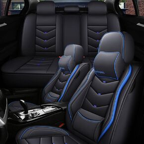5 أغطية مقاعد سيارة لسيارة جاكوار F-PACE 2018-2025 أغطية مقاعد جلدية مقاومة للماء مع دعم قطني مريح وغطاء مقعد السيارة وسادة هوائية متوافقة (أسود وأبيض فاخر) in Saudi Arabia