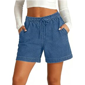 Women's Casual Denim Shorts Stretch Athletic Wide Leg Lounge Shorts with Pockets Mid Rise Button Summer Bottoms in Kuwait