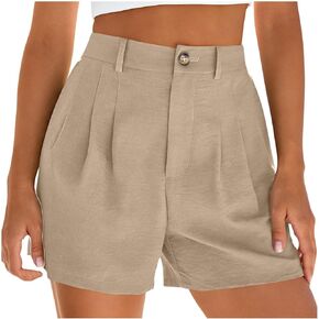 شورت كتان للنساء موضة صيف 2026 سروال شاطئ كاجوال بطيات وخصر عالي ومطاط مع جيوب in Kuwait