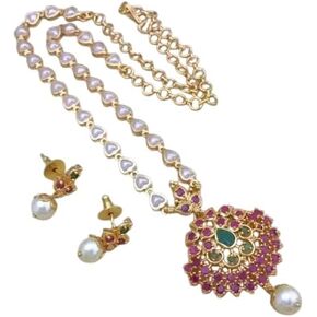 South Indian Golden Long Necklace Pendant Temple Jewellery Ethnic Antique Traditional Pearl Multi Kundan Necklace Earring Set in Saudi Arabia