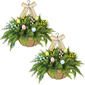 مجموعة من سلتين من سلات الزهور النباتية المعلقة لعيد الفصح، وعاء زرع وهمي معلق مع 24 قطعة من أوراق السرو، والسراخس الصناعية مع بيض عيد الفصح والتوت للشرفة ديكور الربيع في الهواء الطلق، والحديقة، والفناء in Kuwait