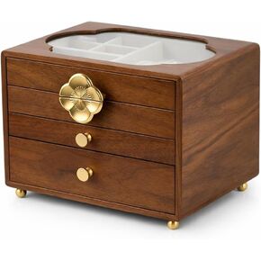 صندوق مجوهرات من الجوز الأسود للنساء، 4 طبقات، مع غطاء زجاجي وإغلاق مغناطيسي، تخزين مبطن مخملي مقاوم للغبار للساعات والقلائد والخواتم والأقراط - هدية للزوجة والأم والعروس والذكرى السنوية in Kuwait