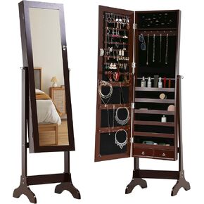 خزانة مجوهرات FDW مقاس 61 بوصة ارتفاعًا لخزانة مجوهرات قابلة للقفل مثبتة على الحائط/الباب مع درجين و6 أرفف مقاس 43.3 بوصة × 10.6 بوصة منظم مجوهرات عالي السعة (بني) in Kuwait