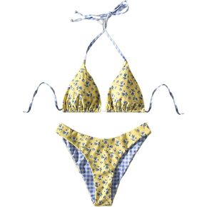 SHENHE Women's Gingham Bikini Set Triangle Halter Swimsuits Floral Coquette Boho Swimwear in Saudi Arabia