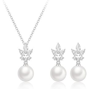 Crysdue Wedding Jewelry for Bride Bridesmaid, Freshwater Cultured Pearls CZ Stud Earrings Pendant Necklace Set for Prom Party in Kuwait