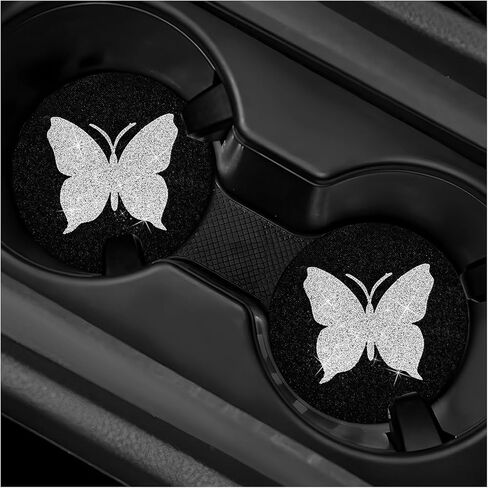 2 PCS Butterfly Car Coasters, 2.75 Inch Bling Mug Mat Anti-Slip Cup Holder Insert Coaster, Sparkly Rhinestone Drink Cup Pads Glitter Auto Interior Decor for Women Girls (Blue) in Saudi Arabia