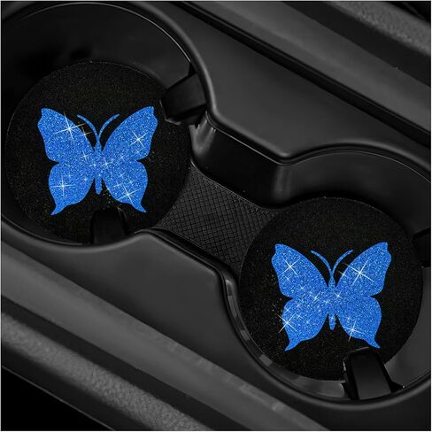 2 PCS Butterfly Car Coasters, 2.75 Inch Bling Mug Mat Anti-Slip Cup Holder Insert Coaster, Sparkly Rhinestone Drink Cup Pads Glitter Auto Interior Decor for Women Girls (Blue) in Saudi Arabia