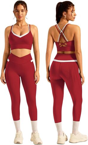 أطقم تمارين نسائية مكونة من قطعتين حمالة صدر رياضية برقبة على شكل حرف V وبنطلون ضيق عالي الخصر وملابس رياضية لليوجا والجيم in Kuwait