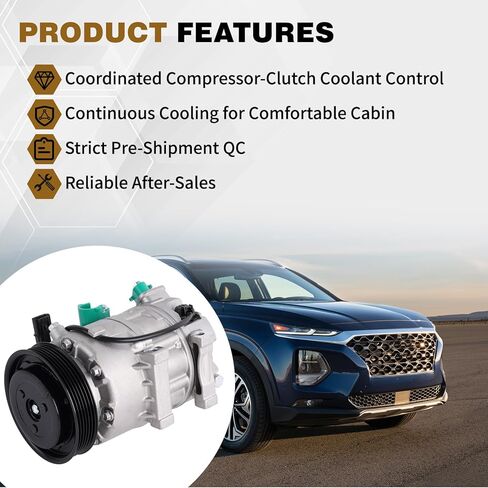 198377 Air Conditioning A/C Compressor with Clutch Compatible with 2013-2018 Santa Fe Sport L4 2.0L/ L4 2.4L Kia Sorento 2012-2014 Replace 977011U500 CO-11349C in Kuwait