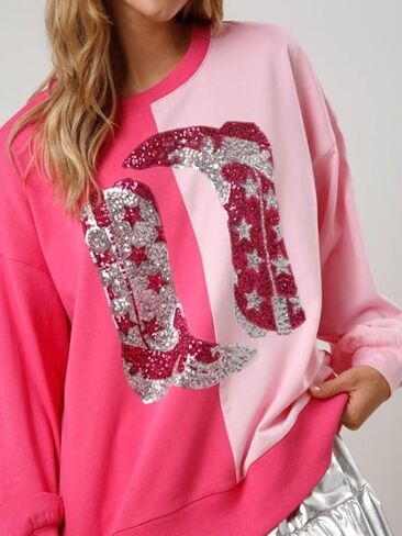 Women Oversized Heart Print Sweatshirts Sequins Long Sleeve Pullovers Top Loose Fit Love Sweatshirt Outfits in Saudi Arabia