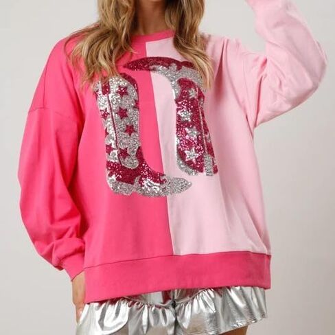 Women Oversized Heart Print Sweatshirts Sequins Long Sleeve Pullovers Top Loose Fit Love Sweatshirt Outfits in Saudi Arabia