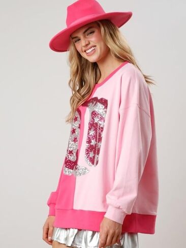 Women Oversized Heart Print Sweatshirts Sequins Long Sleeve Pullovers Top Loose Fit Love Sweatshirt Outfits in Saudi Arabia