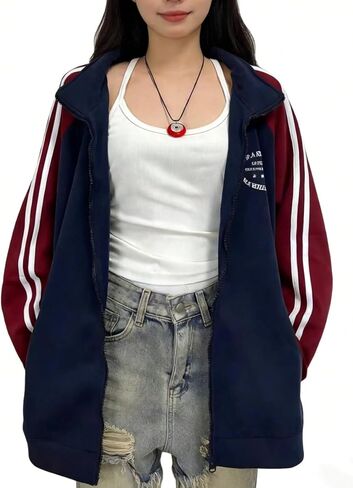 SHENHE Women's Full Zip Up Sweatshirt Oversized Color Block Preppy Sweatshirt Jacket with Pockets in Saudi Arabia