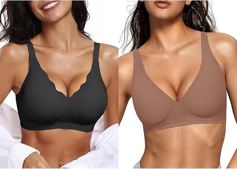 OEAK Womens Comfortable Wireless Bras Seamless Bralettes Deep V Bra Support Push Up Tshirts Bras Black + Coffee M in Saudi Arabia