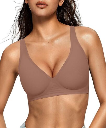 OEAK Womens Comfortable Wireless Bras Seamless Bralettes Deep V Bra Support Push Up Tshirts Bras Black + Coffee M in Saudi Arabia