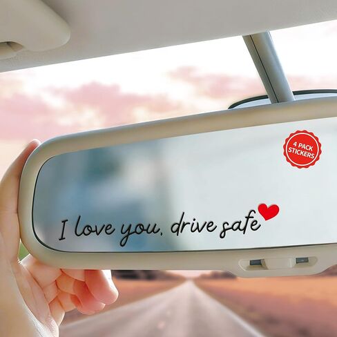 4X I Love You Drive Safe Mirror Stickers, Rearview Mirror Accessories Automotive Decals Adhesive Gifts for Her, Car Accessories for Women, I Love You Gifts for Him Car Decorations (Black) in Kuwait