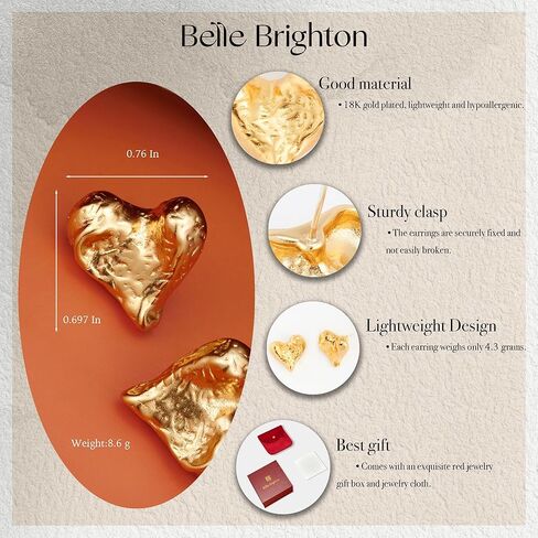 18K Gold Plated Heart Stud Earrings for Women, Hypoallergenic Gold Heart Earrings, Chunky Gold Earrings with Gift Box, Dainty Studs Ideal Women Jewelry Gift in Saudi Arabia