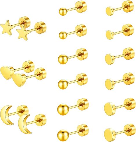 مجموعة أقراط ذهبية مسطحة الظهر، 9 أزواج من أقراط الغضروف الخلفية اللولبية للنساء والرجال، مجموعة أقراط صغيرة مضادة للحساسية، تصميمات قرص كرة على شكل قلب قمر، 3 مم 4 مم 5 مم in Kuwait