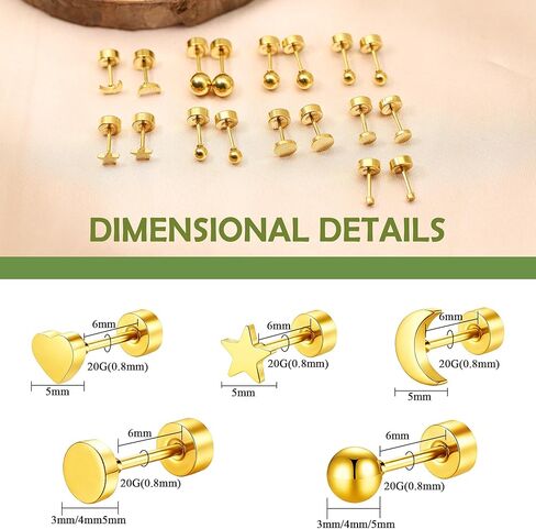 مجموعة أقراط ذهبية مسطحة الظهر، 9 أزواج من أقراط الغضروف الخلفية اللولبية للنساء والرجال، مجموعة أقراط صغيرة مضادة للحساسية، تصميمات قرص كرة على شكل قلب قمر، 3 مم 4 مم 5 مم in Kuwait