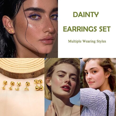 مجموعة أقراط ذهبية مسطحة الظهر، 9 أزواج من أقراط الغضروف الخلفية اللولبية للنساء والرجال، مجموعة أقراط صغيرة مضادة للحساسية، تصميمات قرص كرة على شكل قلب قمر، 3 مم 4 مم 5 مم in Kuwait