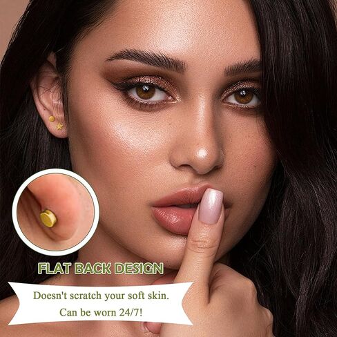 مجموعة أقراط ذهبية مسطحة الظهر، 9 أزواج من أقراط الغضروف الخلفية اللولبية للنساء والرجال، مجموعة أقراط صغيرة مضادة للحساسية، تصميمات قرص كرة على شكل قلب قمر، 3 مم 4 مم 5 مم in Kuwait