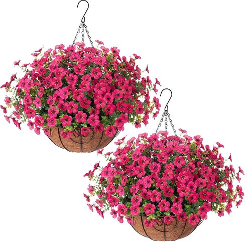 HyeFlora 2 Set Artificial Outdoor Flowers with Hanging Basket, Faux Hanging Plants for Outside Spring Decoration, Fake Silk UV Resistant Look Real Daisy Eucalyptus for Porch Garden Patio Home Decor in Kuwait