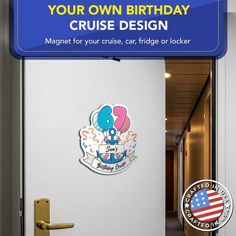Custom Birthday Cruise Car Magnet- 12", Personalized Name, Number-Shaped Balloon Design, Message, Nautical Anchor Party Decoration, Full Color, Weatherproof, Cabin Door Magnet, Made in USA in Saudi Arabia