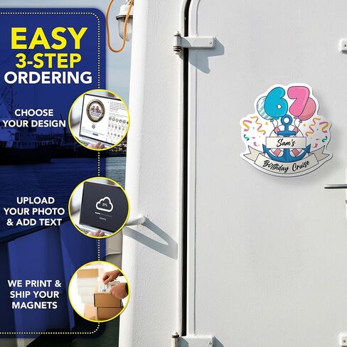 Custom Birthday Cruise Car Magnet- 12", Personalized Name, Number-Shaped Balloon Design, Message, Nautical Anchor Party Decoration, Full Color, Weatherproof, Cabin Door Magnet, Made in USA in Saudi Arabia