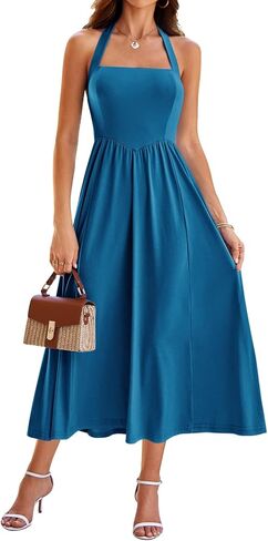 Sureple Women's Summer Halter Midi Dress with Pockets Sleeveless Drop Waist Swing Aline Flowy Beach Sun Dresses in Kuwait