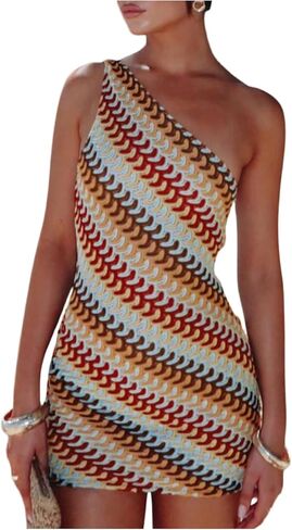 فستان GORGLITTER النسائي غير المتماثل بكتف واحد صيفي مخطط بدون أكمام لأعياد الميلاد وليلة Bodycon فساتين الشمس الصغيرة in Kuwait