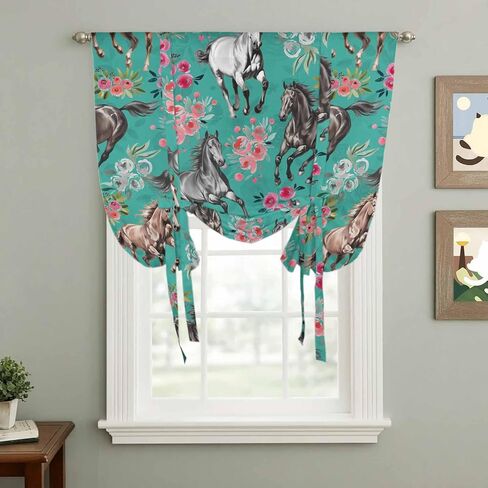 Pink Flowers Tie Up Curtains for Window, Black Brown White Horse Country Retro Teal Thermal Insulated Balloon Shade Adjustable Rod Pocket Curtains Valance Panels for Kitchen Bathroom Café 52'' x 63'' in Saudi Arabia
