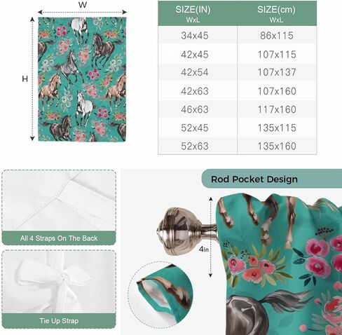 Pink Flowers Tie Up Curtains for Window, Black Brown White Horse Country Retro Teal Thermal Insulated Balloon Shade Adjustable Rod Pocket Curtains Valance Panels for Kitchen Bathroom Café 52'' x 63'' in Saudi Arabia