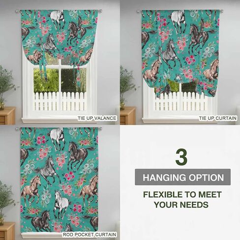 Pink Flowers Tie Up Curtains for Window, Black Brown White Horse Country Retro Teal Thermal Insulated Balloon Shade Adjustable Rod Pocket Curtains Valance Panels for Kitchen Bathroom Café 52'' x 63'' in Saudi Arabia