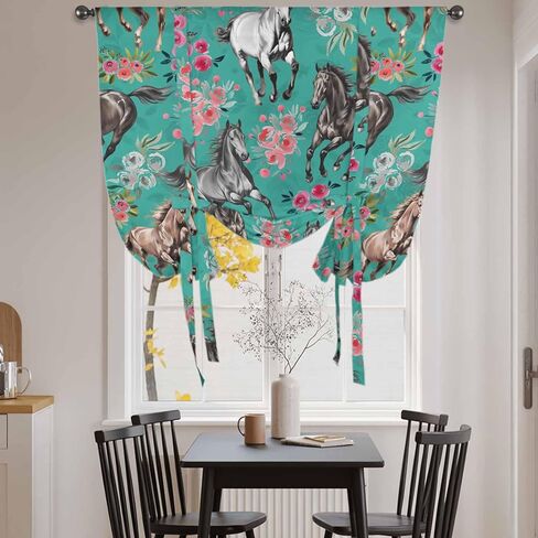 Pink Flowers Tie Up Curtains for Window, Black Brown White Horse Country Retro Teal Thermal Insulated Balloon Shade Adjustable Rod Pocket Curtains Valance Panels for Kitchen Bathroom Café 52'' x 63'' in Saudi Arabia