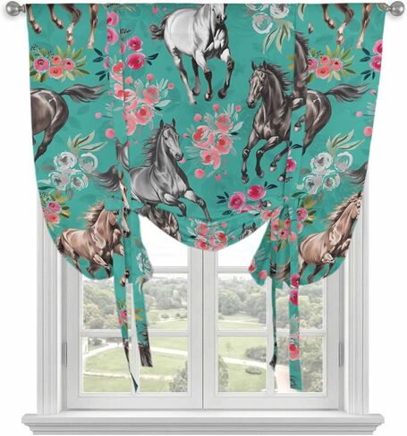 Pink Flowers Tie Up Curtains for Window, Black Brown White Horse Country Retro Teal Thermal Insulated Balloon Shade Adjustable Rod Pocket Curtains Valance Panels for Kitchen Bathroom Café 52'' x 63'' in Saudi Arabia
