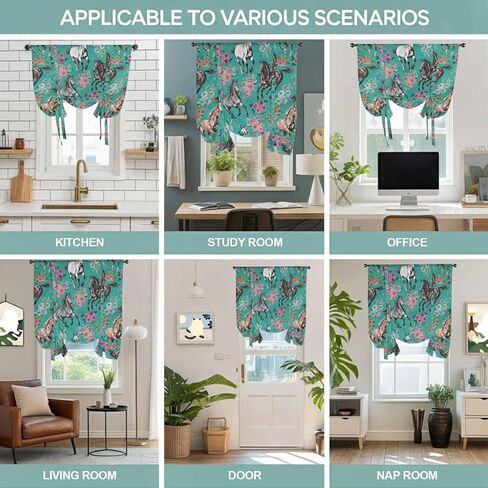 Pink Flowers Tie Up Curtains for Window, Black Brown White Horse Country Retro Teal Thermal Insulated Balloon Shade Adjustable Rod Pocket Curtains Valance Panels for Kitchen Bathroom Café 52'' x 63'' in Saudi Arabia