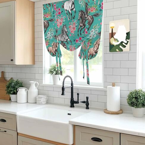 Pink Flowers Tie Up Curtains for Window, Black Brown White Horse Country Retro Teal Thermal Insulated Balloon Shade Adjustable Rod Pocket Curtains Valance Panels for Kitchen Bathroom Café 52'' x 63'' in Saudi Arabia