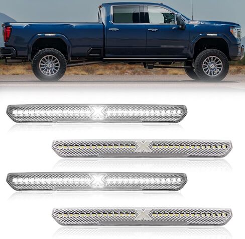 مصابيح LED للعلامات الجانبية لـ 2020-2023 GMC Sierra 2500HD 3500HD w/XStyle Light Beam [في انتظار براءة اختراع]، مصابيح تحديد المصد الأمامي والخلفي، عدسة شفافة بيضاء خفيفة 4 قطع in Kuwait