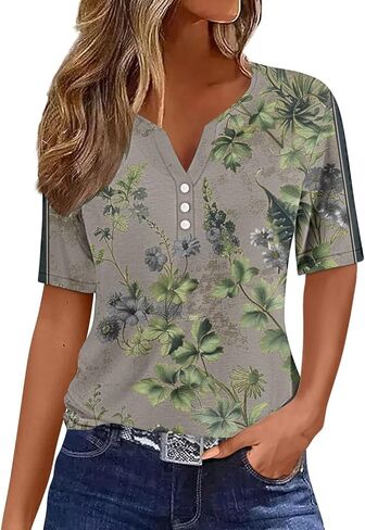 بلوزات كلاسيكية من Bawilom للنساء قطع علوية هينلي أنيقة غير رسمية بأكمام قصيرة قمصان بوهو مطبوعة بالزهور قمصان صيفية برقبة على شكل V تي شيرت جرافيك in Kuwait