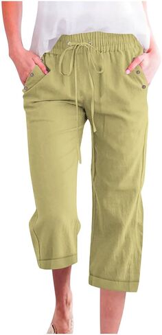 Anjikang Womens Capris for Summer Plus Size Lightweight Linen Capri Pants High Waisted Wide Leg Cropped Pants with Pockets in Kuwait