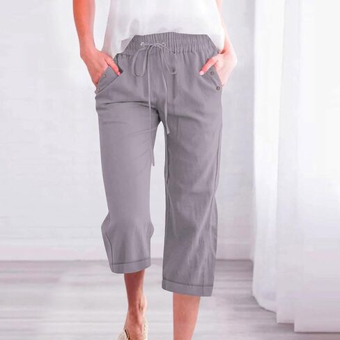 Anjikang Womens Capris for Summer Plus Size Lightweight Linen Capri Pants High Waisted Wide Leg Cropped Pants with Pockets in Saudi Arabia