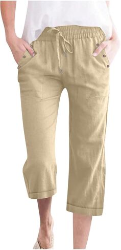 Anjikang Womens Capris for Summer Plus Size Lightweight Linen Capri Pants High Waisted Wide Leg Cropped Pants with Pockets in Saudi Arabia