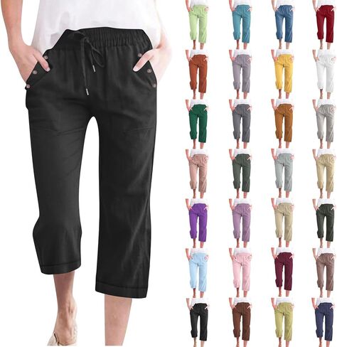 Anjikang Womens Capris for Summer Plus Size Lightweight Linen Capri Pants High Waisted Wide Leg Cropped Pants with Pockets in Saudi Arabia